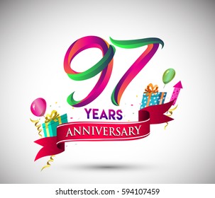 97th Anniversary Celebration Design, with gift box and balloons, Red ribbon, Colorful Vector template elements for your, ninety seven years birthday celebration party.