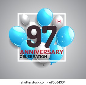 97th anniversary celebration logotype. anniversary logo with balloon in white rectangle.  Vector design for celebration, birthday, party, festival, invitation card, and greeting card