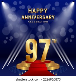 97th Anniversary Celebration. Template design with golden stage for celebration event, wedding, greeting card and invitation card. Vector illustration EPS10