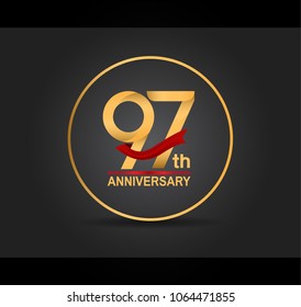 97th anniversary design golden color with ring and red ribbon isolated on black background for celebration