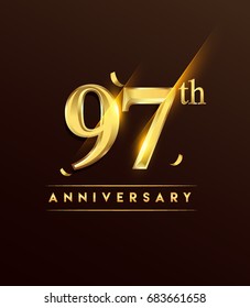 97th anniversary glowing logotype with confetti golden colored isolated on dark background, vector design for greeting card and invitation card.