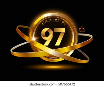 97th anniversary with gold ring graphic elementson black bacground