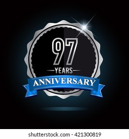 97th anniversary logo with blue ribbon and silver shiny badge, vector design for birthday celebration