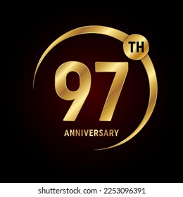 97th anniversary. Anniversary logo design concept with golden ring for anniversary celebration event, invitation card, greeting card, banner, poster, flyer, book cover. Logo Vector Template
