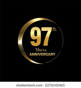 97th Anniversary logo design with golden number and text for anniversary celebration event, invitation, wedding, greeting card, banner, poster, flyer, brochure, book cover. Logo Vector Template.