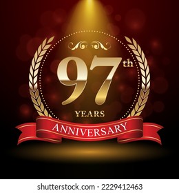 97th Anniversary. Anniversary logo design with Laurel wreath and red ribbon for celebration event, wedding, invitation, greeting card. Vector illustration