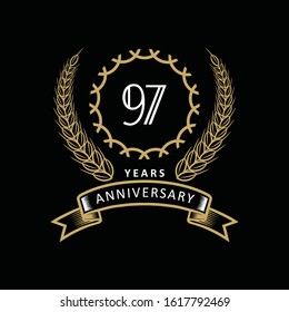 97th anniversary logo with gold and white frame and color. on black background