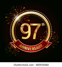 97th anniversary logo golden colored using ring, red ribbon, and fireworks background