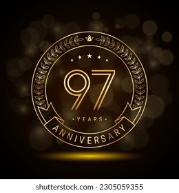 97th anniversary logo with golden laurel wreath and double line numbers, template design for anniversary celebration event, double line style vector design