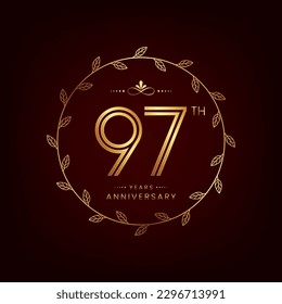 97th anniversary logo with golden number for celebration event, invitation, wedding, greeting card, banner, poster, flyer, book cover. Vector design
