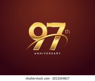97th anniversary logotype golden color with swoosh, isolated on elegant background for anniversary celebration event.