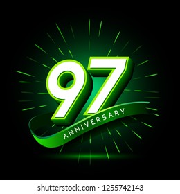 97th anniversary neon text vector design template. green number neon logo, light banner design element colorful design trend, night bright advertising neon text anniversary event party template