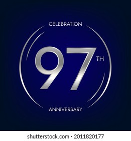 97th anniversary. Ninety-seven years birthday celebration banner in silver color. Circular logo with elegant number design.