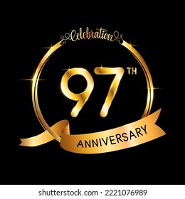 97° Aniversario. Diseño perfecto de plantilla para el evento de celebración del aniversario con cinta y anillo de color dorado, ilustración vectorial