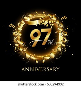 97th gold anniversary celebration With confetti, ring, and abstract elements, isolated on dark background