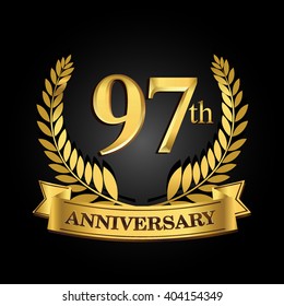 97th golden anniversary logo with ring and ribbon, laurel wreath vector design isolated on black background