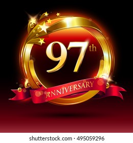 97th golden anniversary logo. with ring and red ribbon.