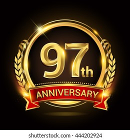 97th golden anniversary logo, with shiny ring and red ribbon, laurel wreath isolated on black background, vector design