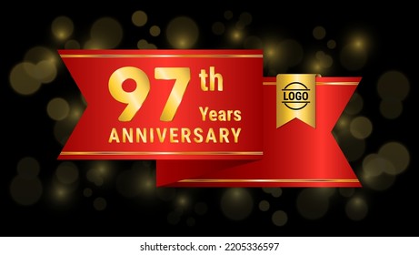 97.º diseño de plantilla de aniversario dorado con cinta roja, ilustración vectorial de logotipo