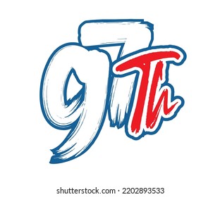 97th Ordinal Number counting vector art illustration with stunning font on red trim blue on white background