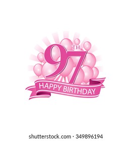 97th pink happy birthday logo with balloons and burst of light