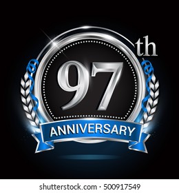 97th silver anniversary logo with laurel wreath, blue ribbon and ring. vector design.