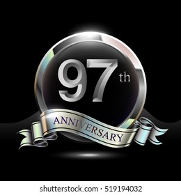 97th silver anniversary logo, vector celebration design with ring and ribbon.
