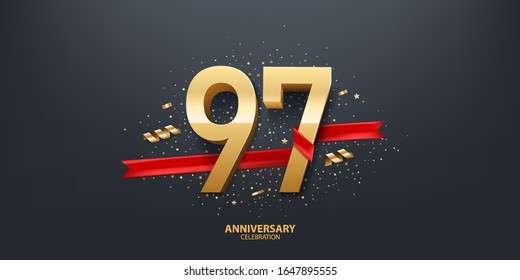 97th Year anniversary celebration background. 3D Golden number wrapped with red ribbon and confetti on black background.
