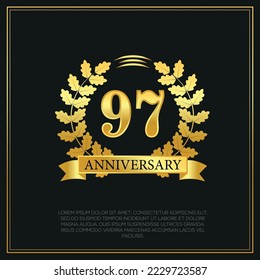 97th Year anniversary celebration background.  Golden numbers with gold ribbon, vector design.
