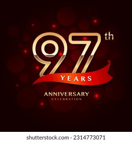 97th year anniversary celebration logo design with a golden number and red ribbon, vector template