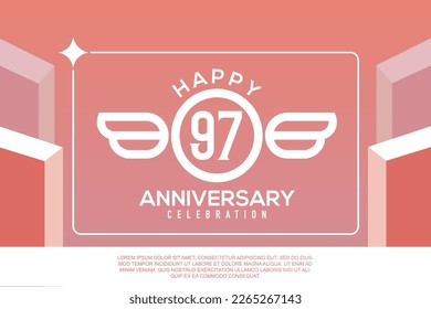 97th year anniversary design letter with wing sign concept template design on pink background abstract illustration