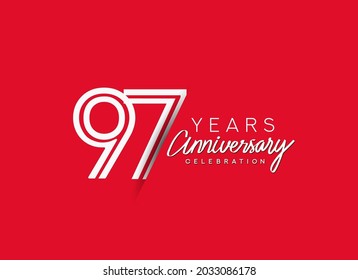 97th Years Anniversary celebration logo, flat design isolated on red background.
