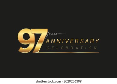97th years anniversary celebration logotype. Anniversary logo with golden and silver color isolated on black background, vector design for celebration, invitation card, and greeting card.