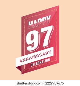 97th years anniversary logo template on brown background. celebrating whitenumbers with whiteribbon vector and confetti isolated design elements

