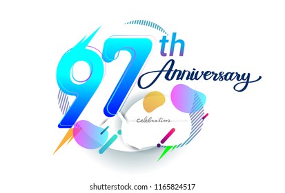 97th years anniversary logo, vector design birthday celebration with colorful geometric background, isolated on white background.