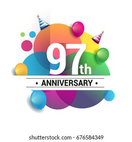97th years anniversary logo, vector design birthday celebration with colorful geometric, Circles and balloons isolated on white background.