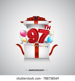 97th years anniversary logotype with elegant blue color and ribbon isolated on white background for celebration