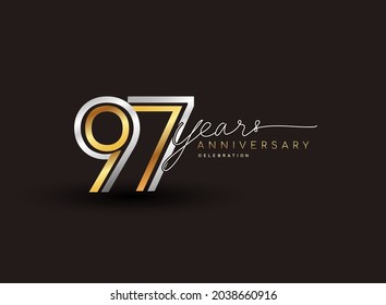 97th years anniversary logotype with multiple line silver and golden color isolated on black background for celebration event.