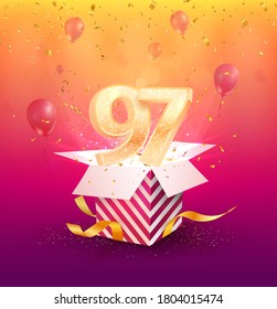 97th years anniversary vector design element. Isolated ninety-seven years jubilee with gift box, balloons and confetti on a colorful background
