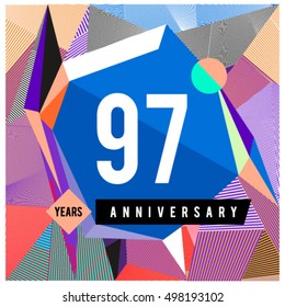 97th years greeting card anniversary with colorful number and frame. logo and icon with Memphis style cover and design template