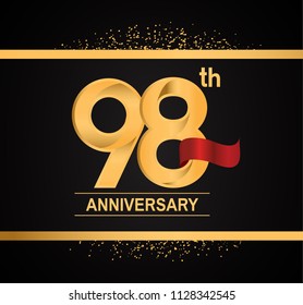 98 anniversary golden design with red ribbon and glitter isolated on black background for celebration