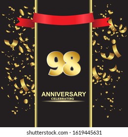 98 anniversary logo with confetti golden colored and red ribbon isolated on black background, vector design for greeting card and invitation card