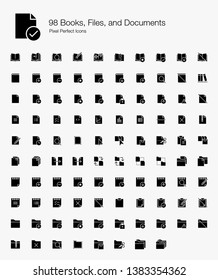 98 Books, Files, and Documents Pixel Perfect Icons (Filled Style). Vector icons of books, files, folders, notes, and documents.
