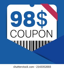 98$ Coupon promotion sale for a website, internet ads, social media gift 98 Dollar off discount voucher. Big sale and super sale coupon discount. Price Tag Mega Coupon discount vector illustration.