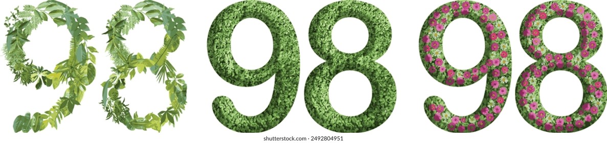 98, design made from green grass, leaves and flower, .suitable for birthday, anniversary and memorial day templates, go green concept	
