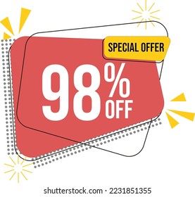 98% discount. promotion icon for shops and offer banner.
