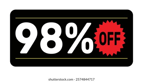 98% discount tag. icon vector Black, white and rad rectangular shape, perfect for marketing promotions