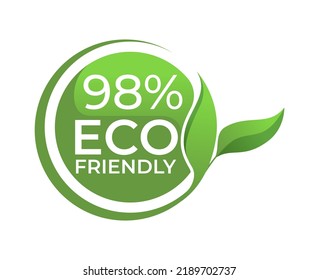 98% Eco friendly circle label sticker Vector illustration with green organic plant leaves. Eco friendly stamp icon.