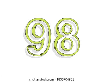 98 green number, hand drawn brush stroke. Comic style design. For design element, logo, creative poster etc. Vector illustration 