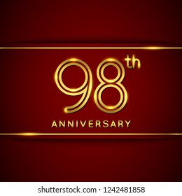 98 / Ninety Eight Years Anniversary Logo with Shiny Golden Number on Red Background Isolated. 98th Celebration Event. Can Use for Poster, Invitation and Greeting Card. Easily Editable Vector.
